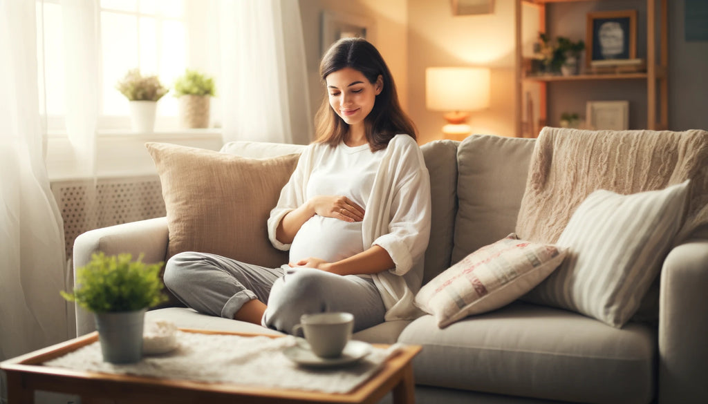 A pregnant mother sitting comfortably on a cosy sofa at home, gently holding her baby bump with both hands